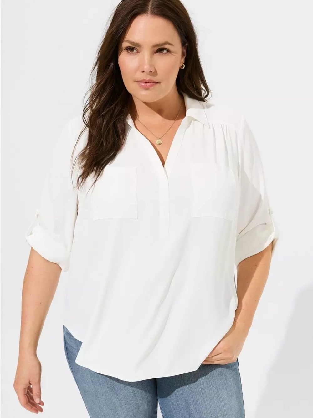 torrid White Split-Neck Roll-Sleeve Blouse